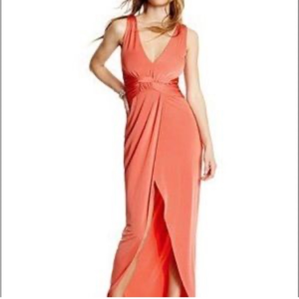 Marciano Plunge Neck Faux Wrap Midi Dress Coral - Picture 1 of 6